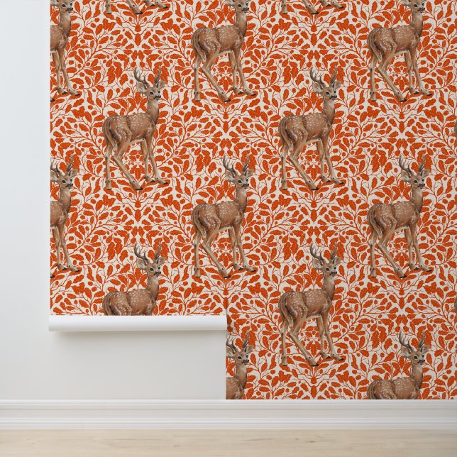 Deer on decorative oak damask pattern in dark oran wallpaper (Application)