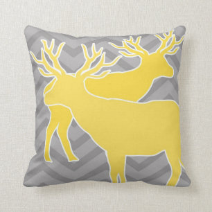 Deer on zigzag chevron - Yellow and Grey Throw Pillow