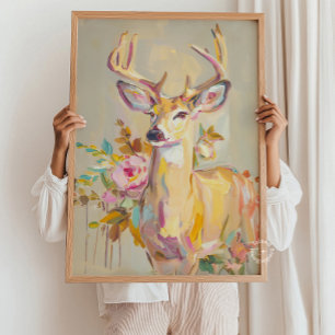 Deer Painting Floral Pastel Wall Print