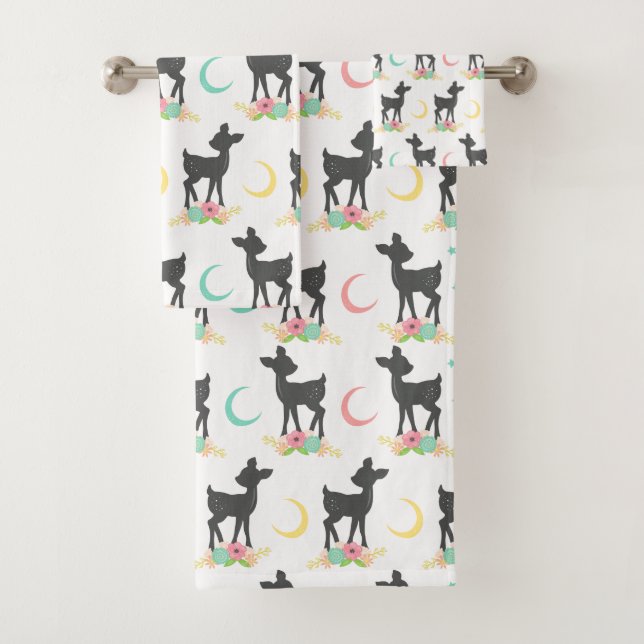 Deer Pattern, Baby Deer, Boho, Flowers, Moon Bath Towel Set (Insitu)