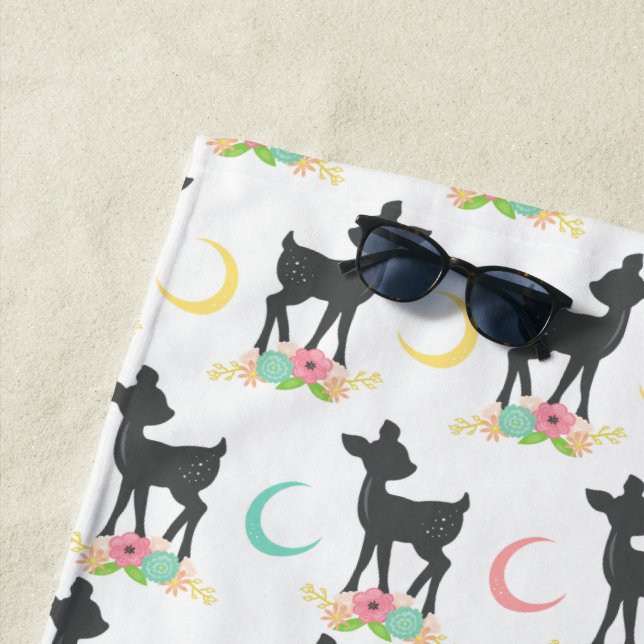 Deer Pattern, Baby Deer, Boho, Flowers, Moon Beach Towel (In Situ)
