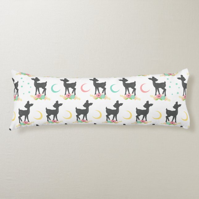 Deer Pattern, Baby Deer, Boho, Flowers, Moon Body Pillow (Front)