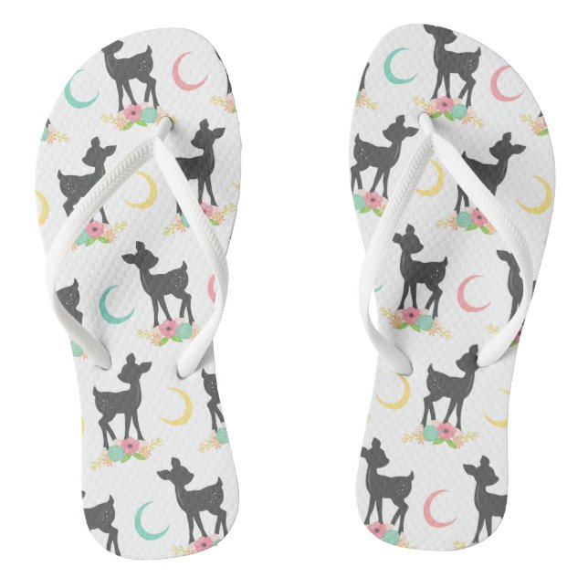 Deer Pattern, Baby Deer, Boho, Flowers, Moon Flip Flops (Footbed)