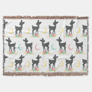 Deer Pattern, Baby Deer, Boho, Flowers, Moon Throw Blanket