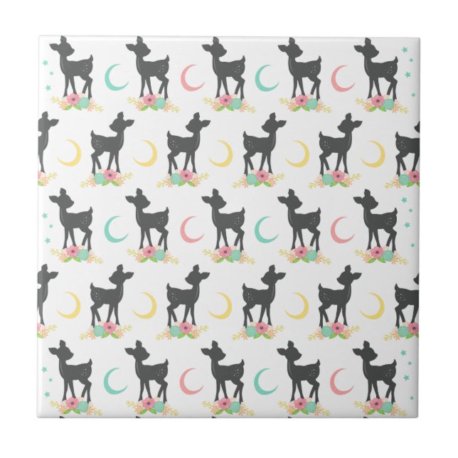 Deer Pattern, Baby Deer, Boho, Flowers, Moon Tile (Front)
