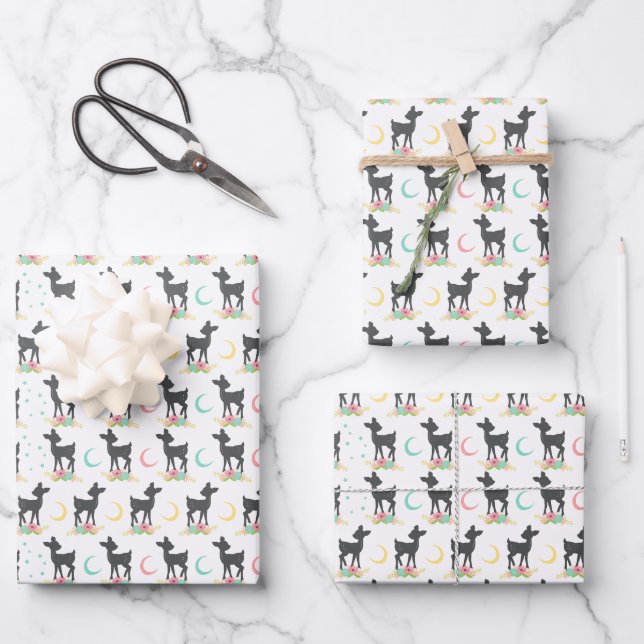 Deer Pattern, Baby Deer, Boho, Flowers, Moon Wrapping Paper Sheet (Front)