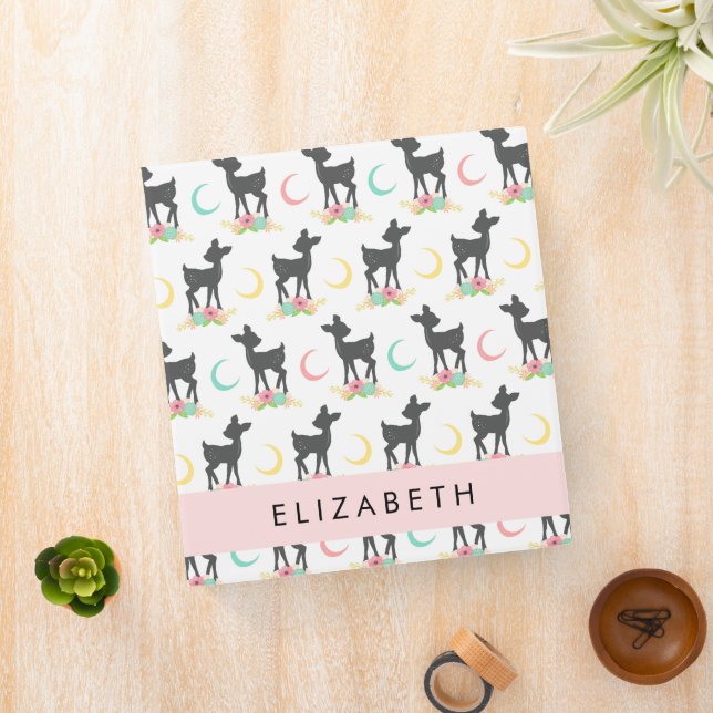 Deer Pattern, Baby Deer, Boho, Flowers, Your Name Binder (In Situ)