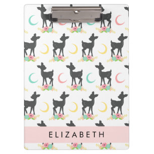 Deer Pattern, Baby Deer, Boho, Flowers, Your Name Clipboard