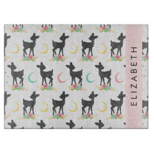 Deer Pattern, Baby Deer, Boho, Flowers, Your Name Cutting Board