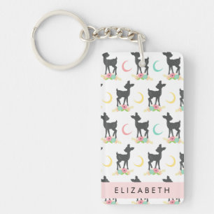 Deer Pattern, Baby Deer, Boho, Flowers, Your Name Keychain