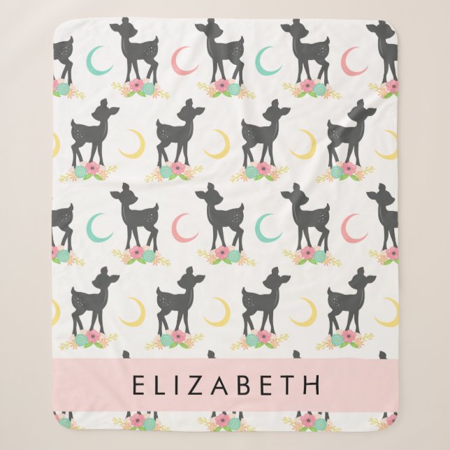 Deer Pattern, Baby Deer, Boho, Flowers, Your Name Sherpa Blanket (Front)