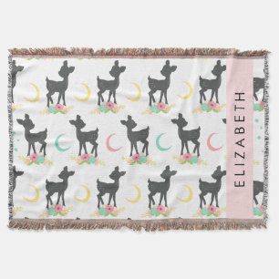 Deer Pattern, Baby Deer, Boho, Flowers, Your Name Throw Blanket