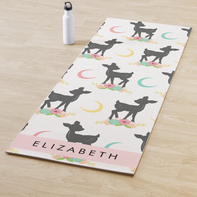 Deer Pattern, Baby Deer, Boho, Flowers, Your Name Yoga Mat (In Situ)