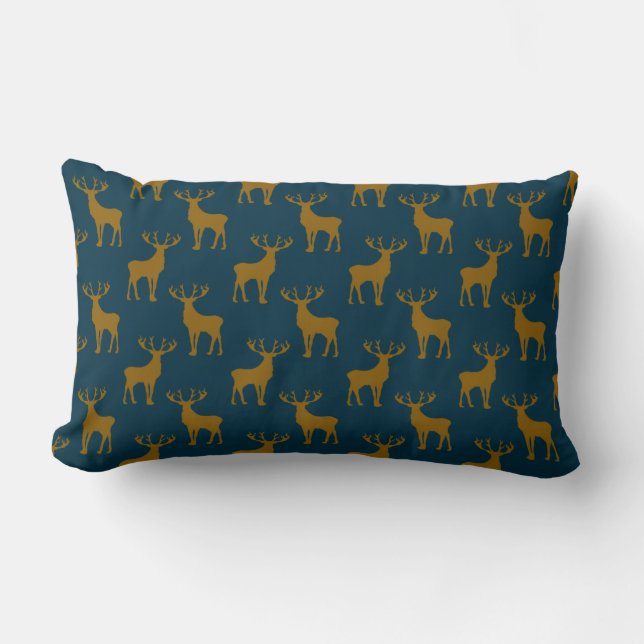 Deer Pattern Brown and Blue Lumbar Pillow (Front)