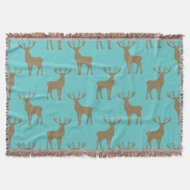 Deer Pattern in Brown on Turquoise Throw Blanket (Front)