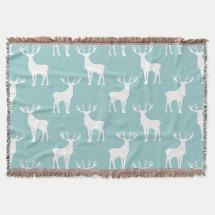 Deer Pattern in White on Soft Teal Throw Blanket