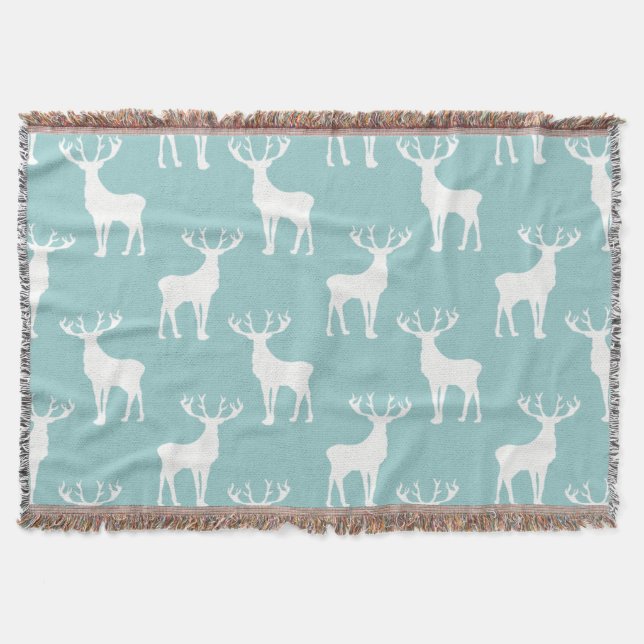 Deer Pattern in White on Soft Teal Throw Blanket (Front)