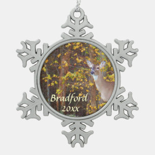 Deer, Personalize with name Snowflake Pewter Christmas Ornament