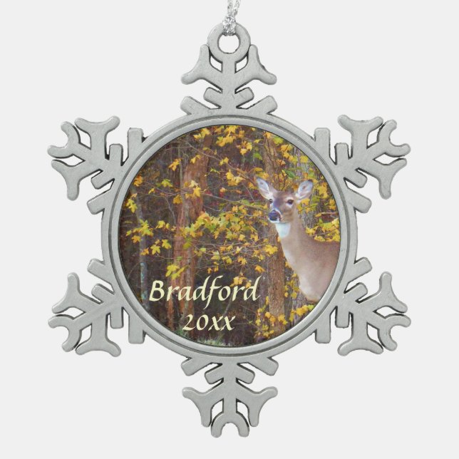Deer, Personalize with name Snowflake Pewter Christmas Ornament (Front)