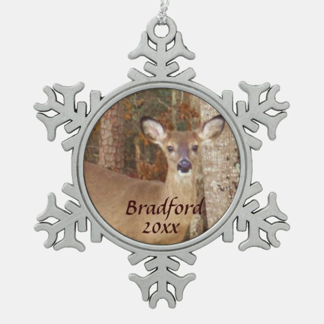Deer, Personalize with name Snowflake Pewter Christmas Ornament (Front)
