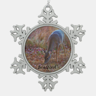 Deer, Personalize with name Snowflake Pewter Christmas Ornament