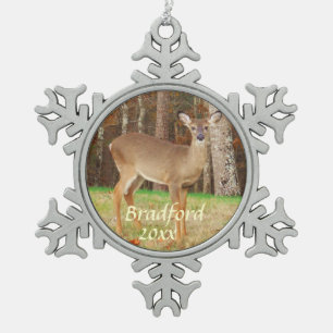 Deer, Personalize with name Snowflake Pewter Christmas Ornament