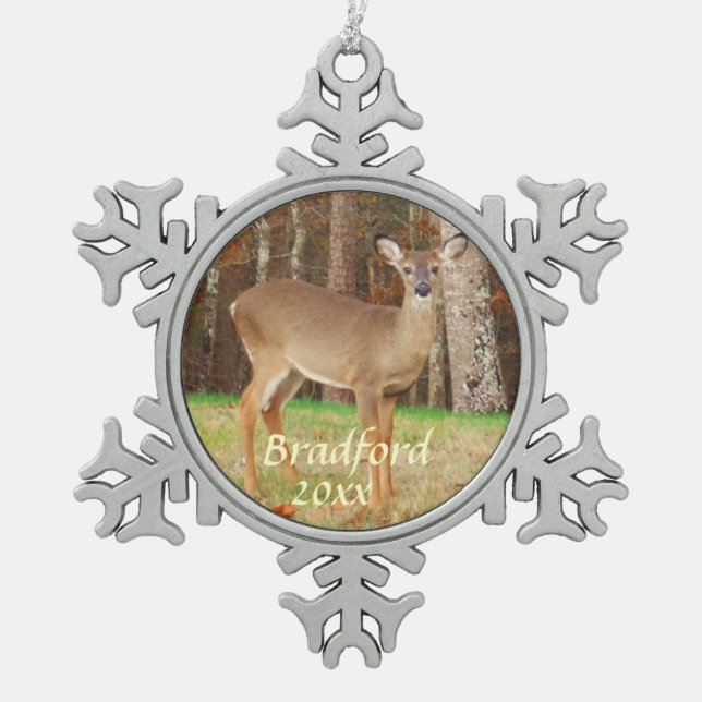 Deer, Personalize with name Snowflake Pewter Christmas Ornament (Front)