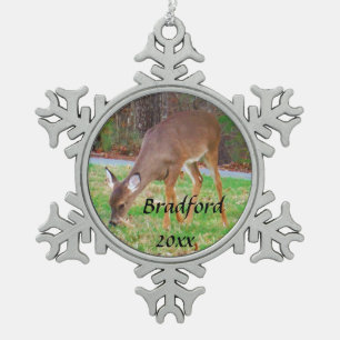 Deer, Personalize with name Snowflake Pewter Christmas Ornament