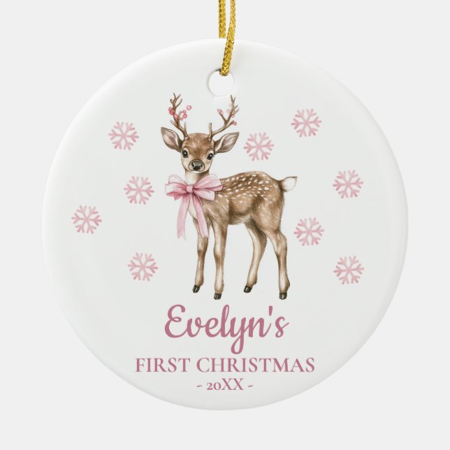 Deer Personalized Girl's First Christmas Ceramic Ornament (Front)