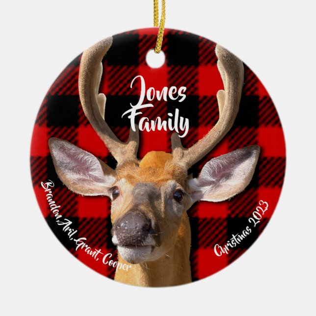 Deer photo - Classic red and black plaid   Ceramic Ornament (Front)