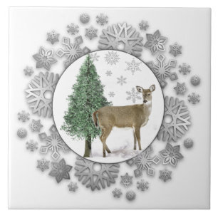 Deer Pine Tree Silver Snowflakes Decorative  Tile