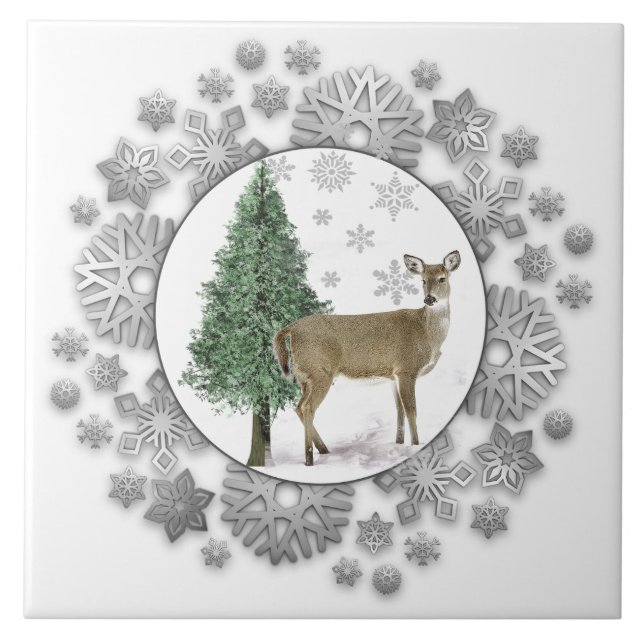 Deer Pine Tree Silver Snowflakes Decorative  Tile (Front)
