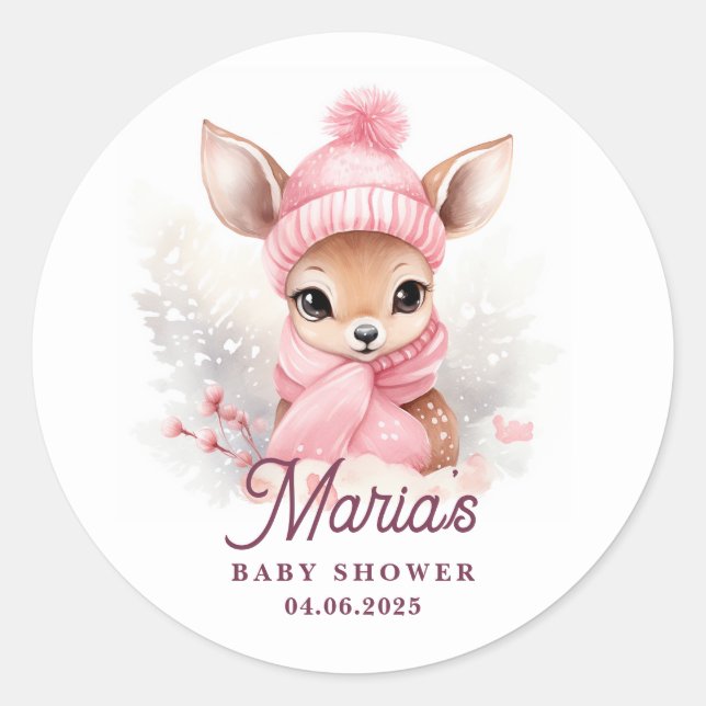 Deer Pink Winter Hat Scarf Girl Party Classic Round Sticker (Front)