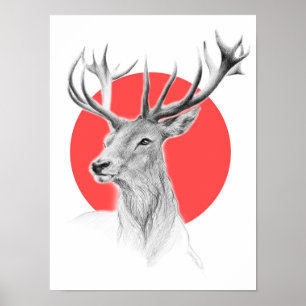 Deer portrait drawing Red circle Animal art Poster
