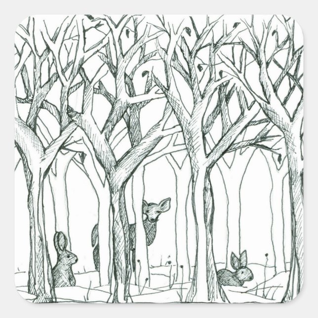 Deer Rabbits Wildlife Forest Trees Ink Drawing Square Sticker (Front)