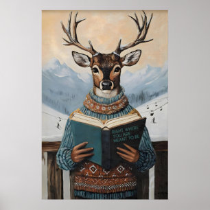 Deer Reading Art Print Ski Lodge Wall Winter Cabin