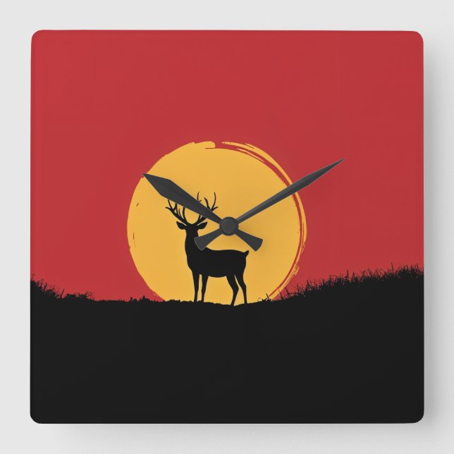 Deer red and black square wall clock (Front)