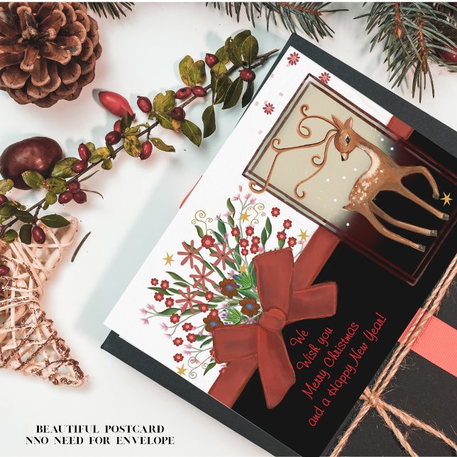 Deer Red Bow Black White Holiday Postcard (Deer Red Bow Black White Holiday Postcard)