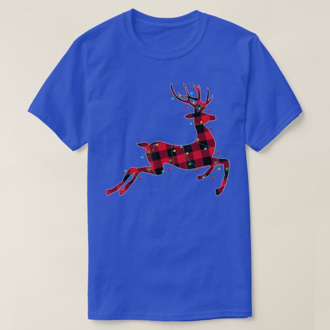 Deer Red Buffalo Plaid Christmas Lights Xmas Match T-Shirt (Design Front)