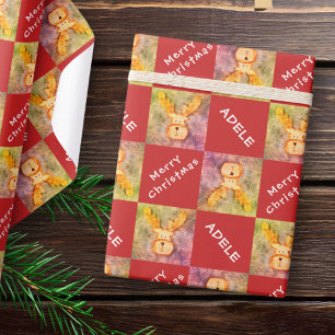 Deer Reindeer Kids Name Merry Christmas Holiday   Wrapping Paper