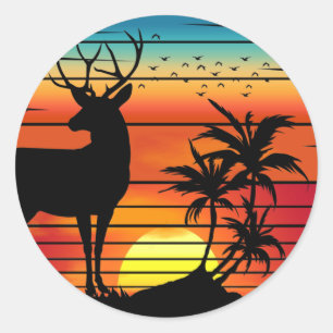 DEER RETRO SUNSET CLASSIC ROUND STICKER