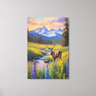 Deer Rocky Mountain Meadow Wildflowers Painting Canvas Print