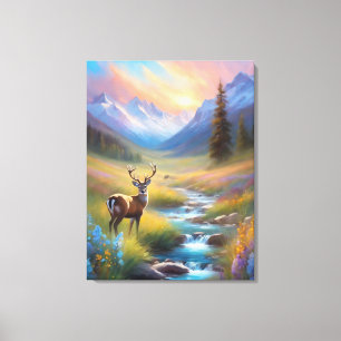 Deer Rocky Mountain Spring Meadow Sunrise Painting Canvas Print
