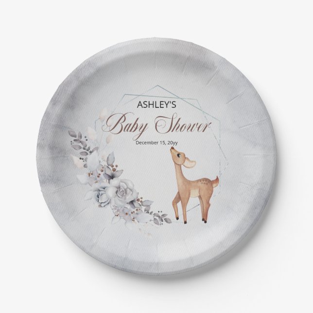 Deer Rustic Winter Floral Baby Shower Paper Plate (Front)