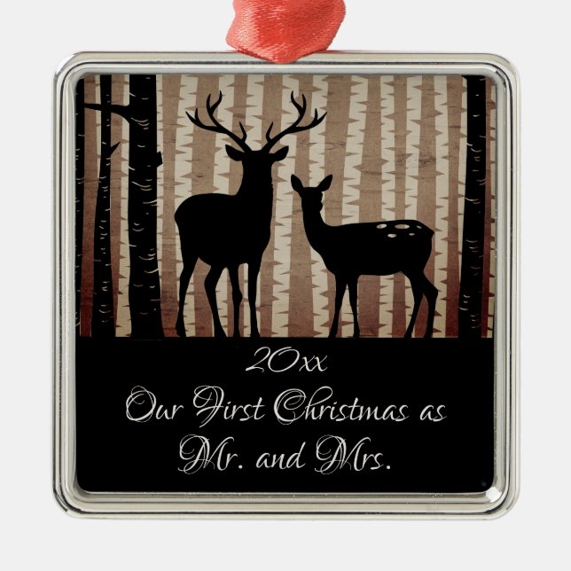 Deer Rustic Woodland First Christmas as Mr and Mrs Metal Ornament (Front)