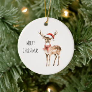Deer Santa Hat Christmas Ceramic Ornament