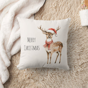 Deer Santa Hat Christmas Throw Pillow