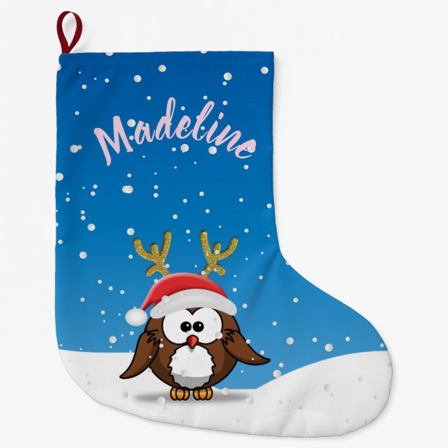 Deer Santa Owl Large Christmas Stocking (Front)