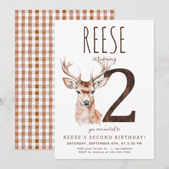 Deer Second Birthday Invitation (Front/Back)
