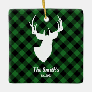 Deer Silhouette Green Black Buffalo Plaid Family Ceramic Ornament
